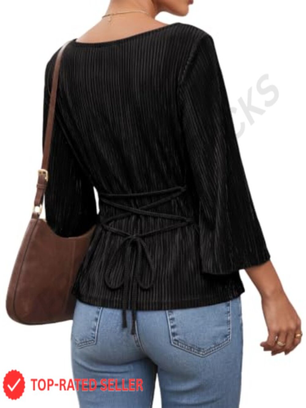 Ribbed Knit Boat Neck 3/4 Bell Sleeve Wrap Tie Back Blouse